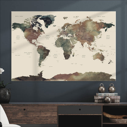 Push Pin World Map Canvas Print – Framed Wall Art for Couples to Track Their Travels – Anniversary Gift or Home Adventure Decor