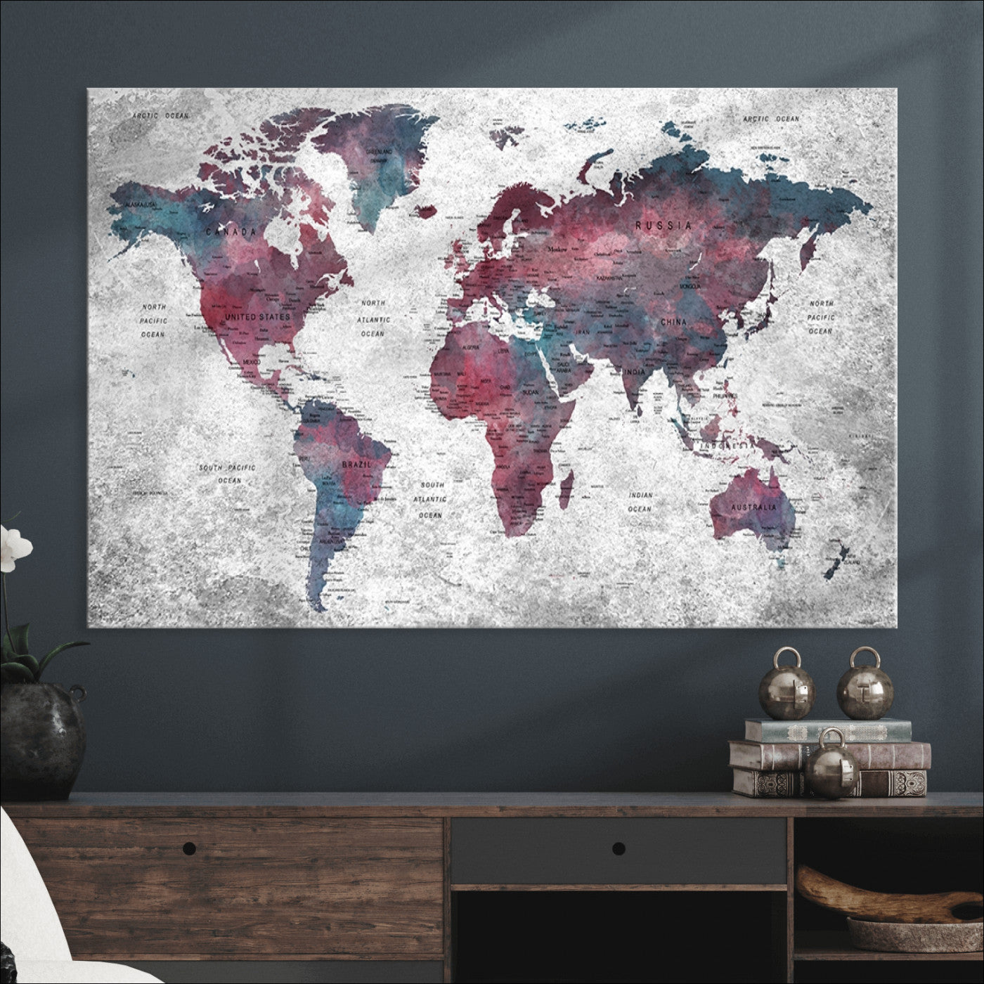 Push Pin World Map Canvas Print – Framed Wall Art for Couples to Track Their Travels – Anniversary Gift or Home Adventure Decor