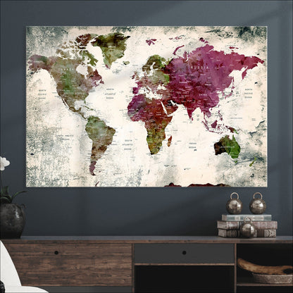 Push Pin World Map Canvas Print – Framed Wall Art for Couples to Track Their Travels – Anniversary Gift or Home Adventure Decor