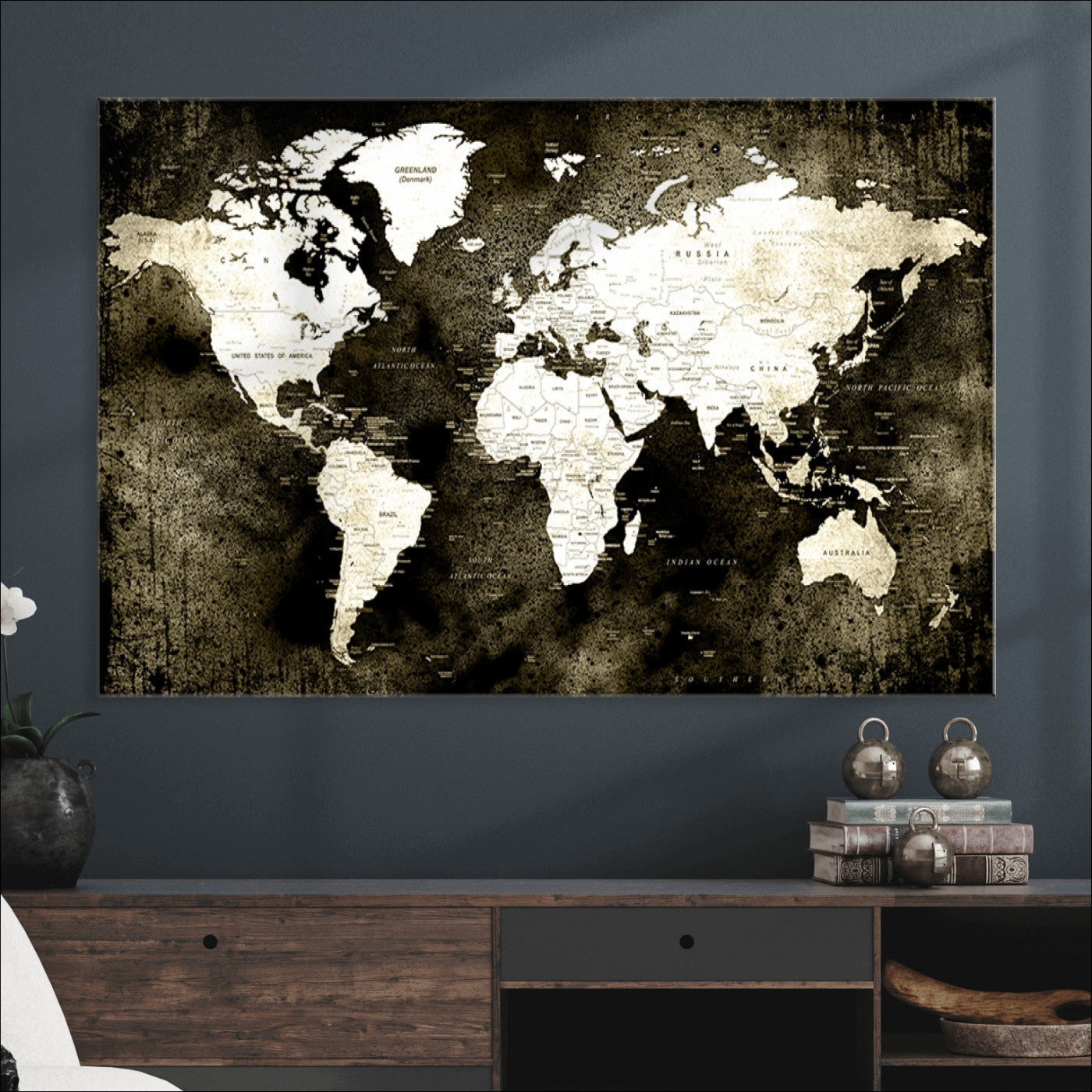 66737-MGV-CV-36X24-Push Pin World Map Canvas Print – Framed Wall Art for Couples to Track Their Travels – Anniversary Gift or Home Adventure Decor