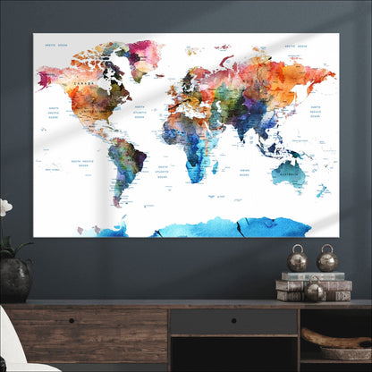 Push Pin World Map Canvas Print – Framed Wall Art for Couples to Track Their Travels – Anniversary Gift or Home Adventure Decor