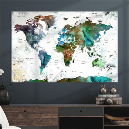 Push Pin World Map Canvas Print – Framed Wall Art for Couples to Track Their Travels – Anniversary Gift or Home Adventure Decor