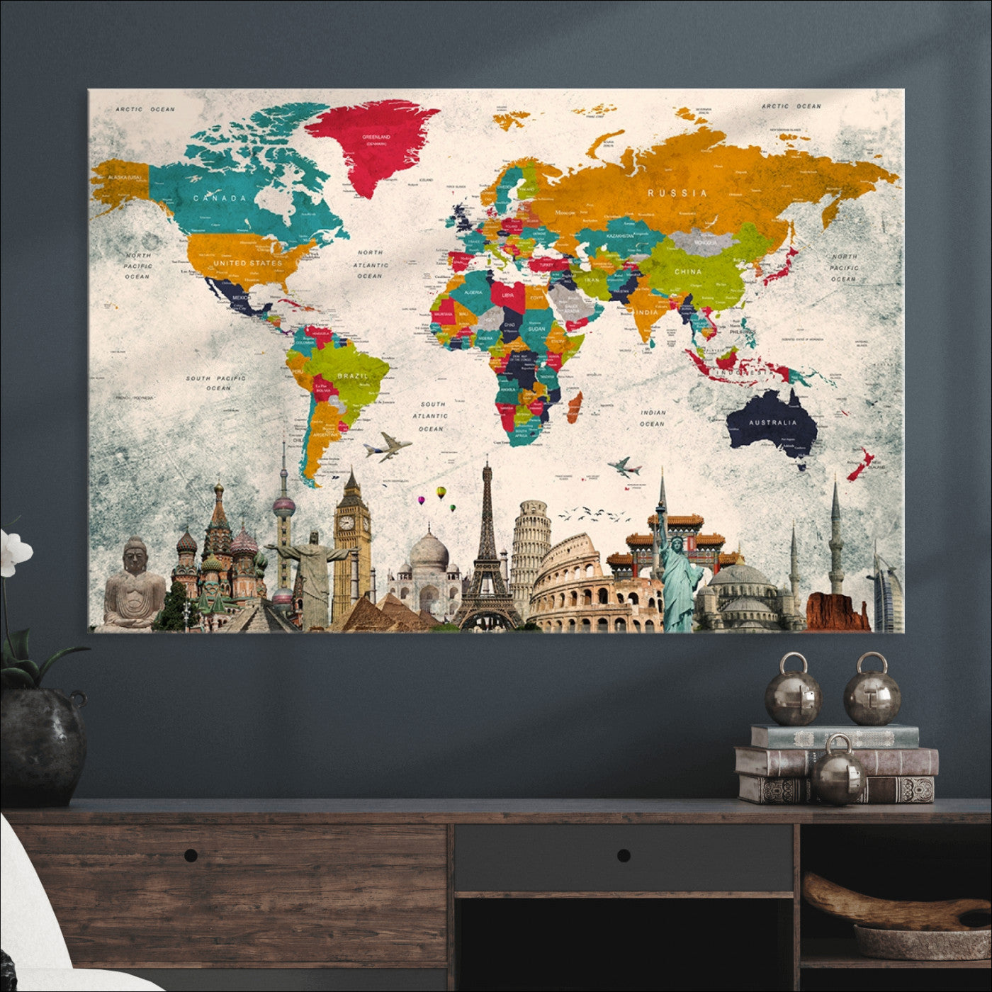 Push Pin World Map Canvas Print – Framed Wall Art for Couples to Track Their Travels – Anniversary Gift or Home Adventure Decor