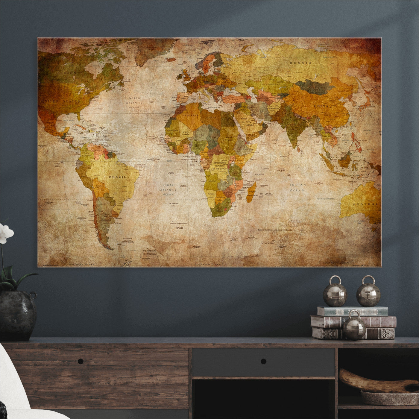 Push Pin World Map Canvas Print – Framed Wall Art for Couples to Track Their Travels – Anniversary Gift or Home Adventure Decor