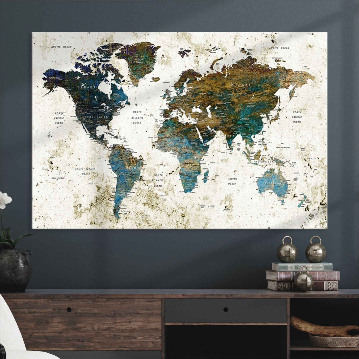 Vintage World Map Wall Art Canvas Print, Framed Rustic Earth Map Art Picture Print, Antique Map Perfect Rustic Vintage Decor Artwork