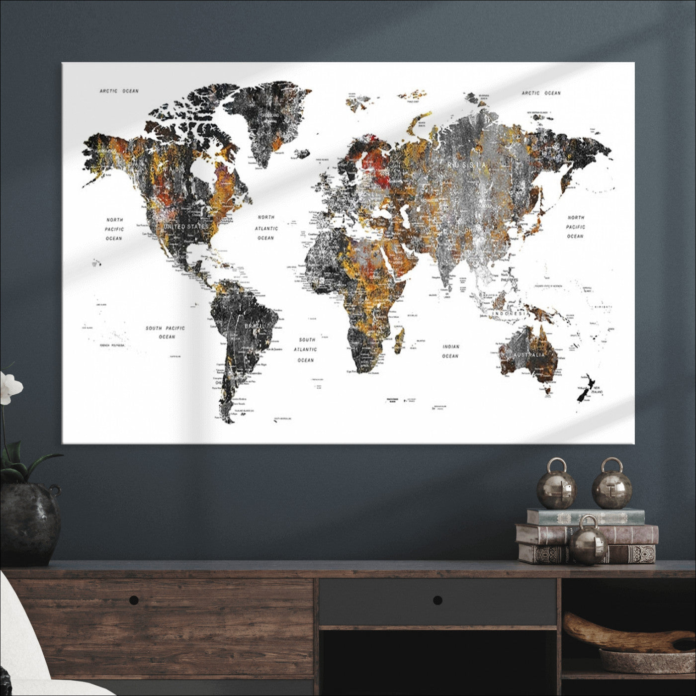 Push Pin World Map Canvas Print – Framed Wall Art for Couples to Track Their Travels – Anniversary Gift or Home Adventure Decor