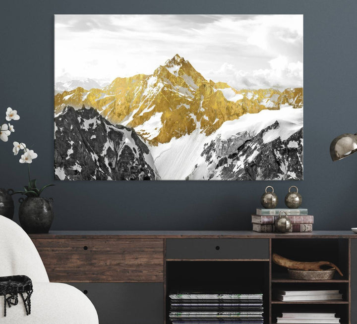 Gold Abstract Mountains Wall Art Print on Canvas, Nature Wall Art Print,