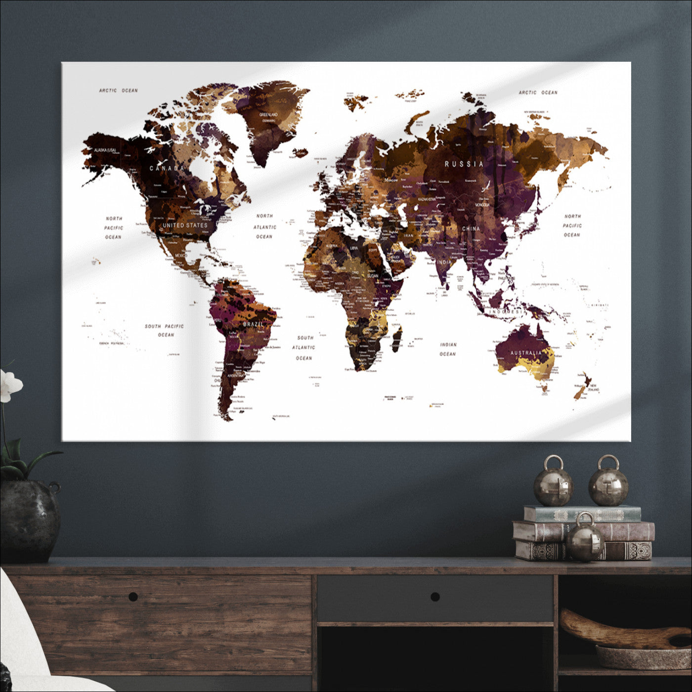 Push Pin World Map Canvas Print – Framed Wall Art for Couples to Track Their Travels – Anniversary Gift or Home Adventure Decor