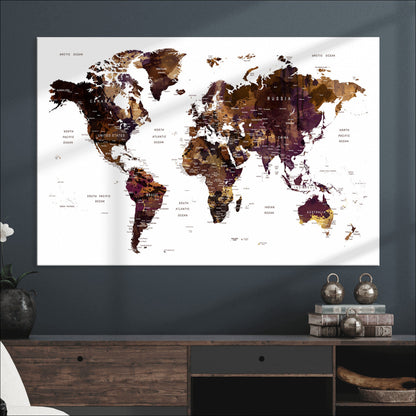 Push Pin World Map Canvas Print – Framed Wall Art for Couples to Track Their Travels – Anniversary Gift or Home Adventure Decor