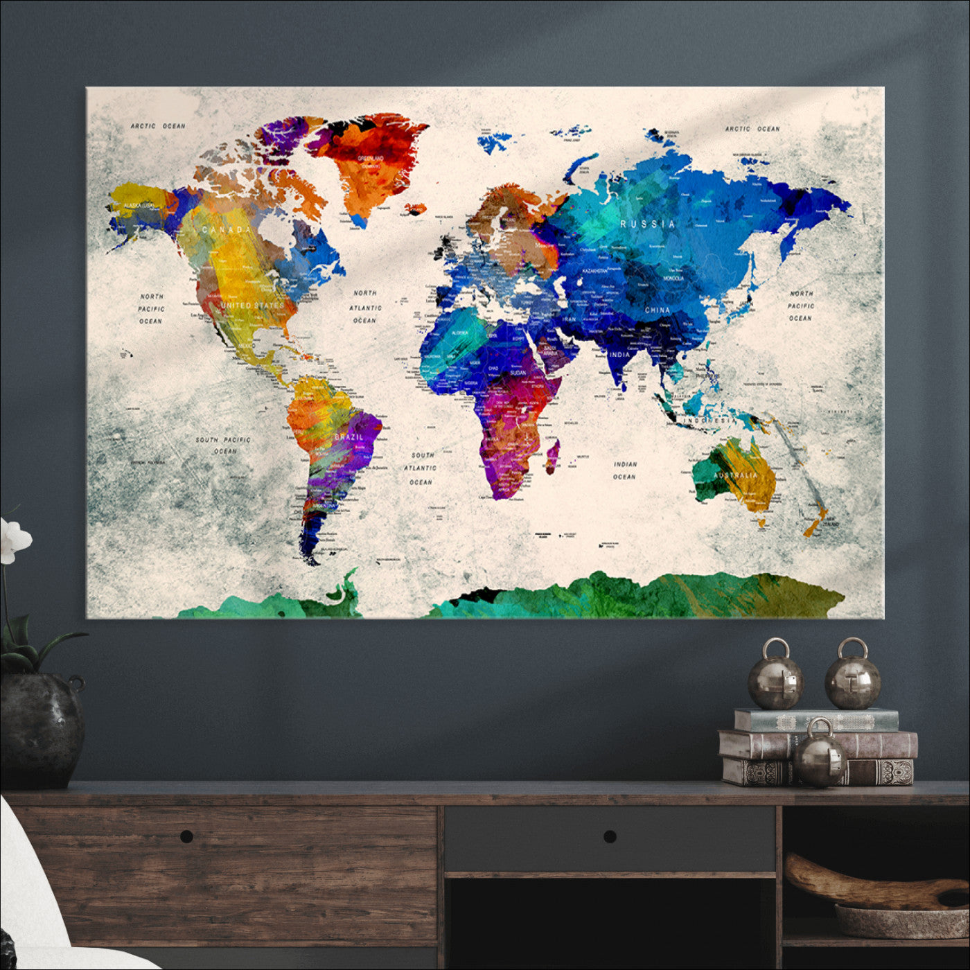Push Pin World Map Canvas Print – Framed Wall Art for Couples to Track Their Travels – Anniversary Gift or Home Adventure Decor