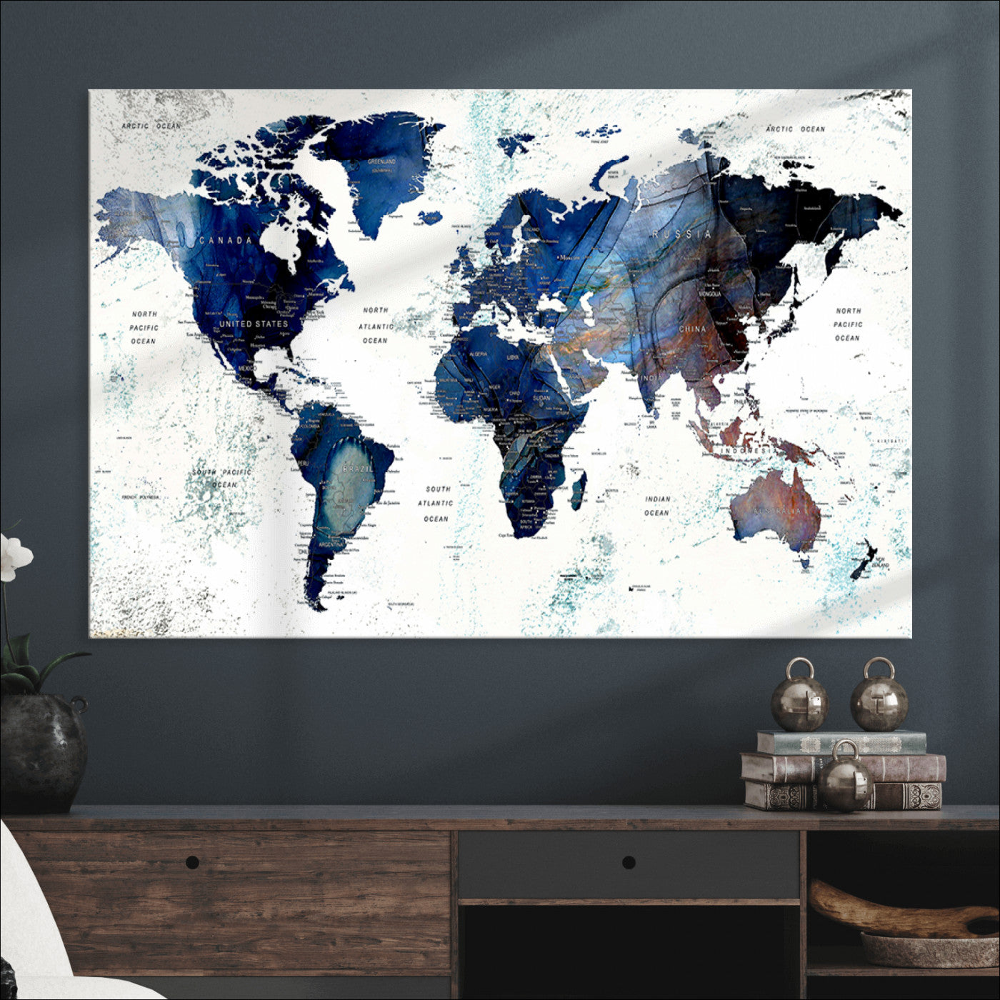 Push Pin World Map Canvas Print – Framed Wall Art for Couples to Track Their Travels – Anniversary Gift or Home Adventure Decor