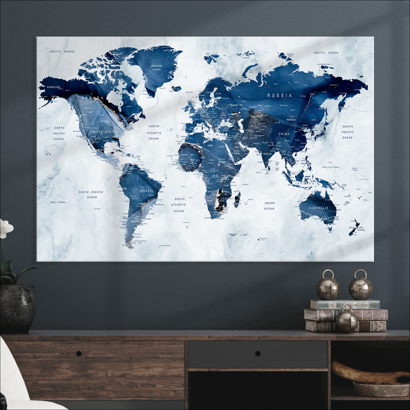 Push Pin World Map Canvas Print – Framed Wall Art for Couples to Track Their Travels – Anniversary Gift or Home Adventure Decor