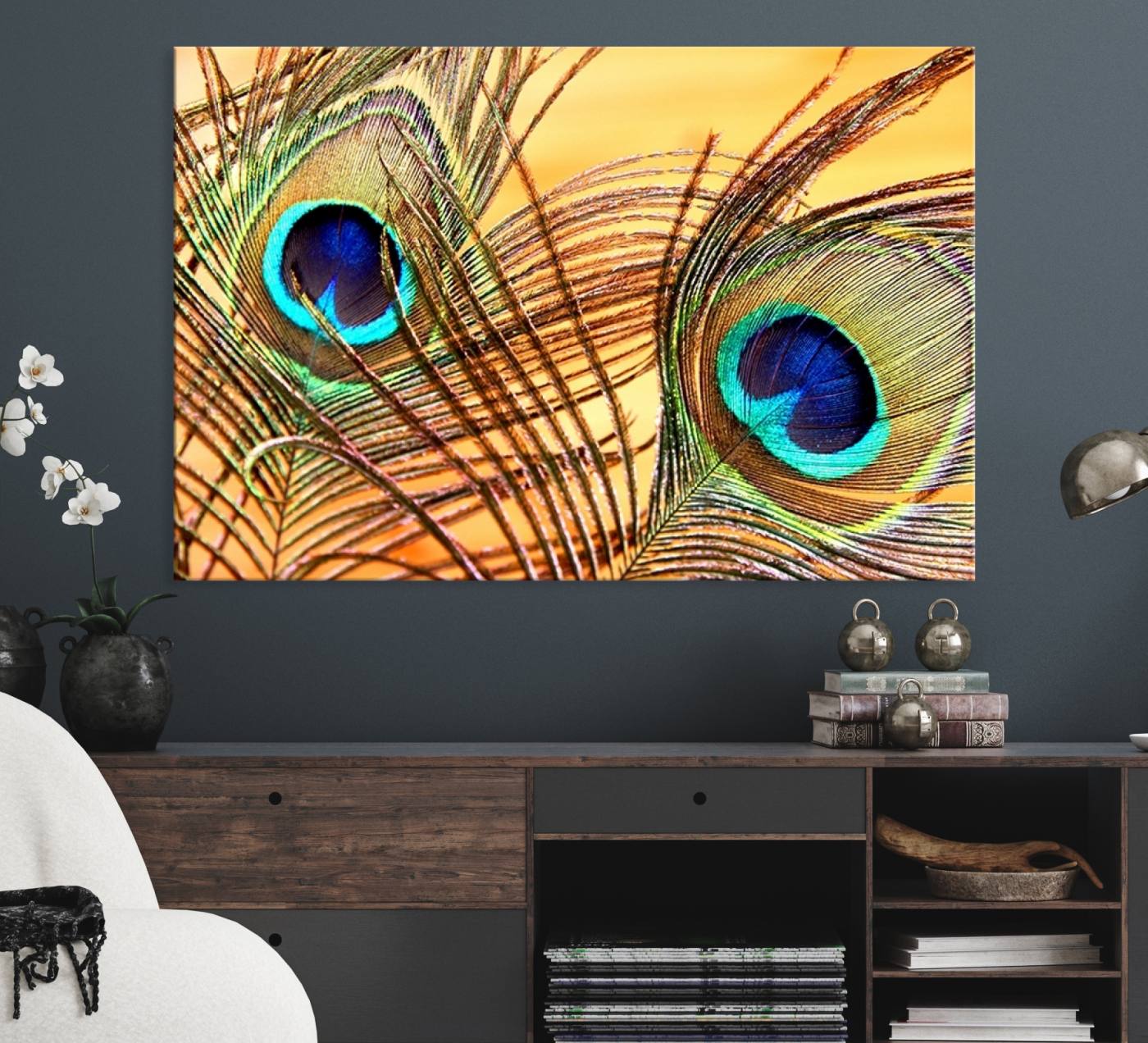 Peacock Feather Wall Art Print - Vibrant Green, Blue, and Orange Peacock Feather Design, Ready to Hang