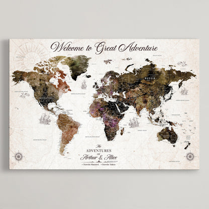 35778202-MGV-CV-36X24-Custom Push Pin World Map Wall Canvas Print – Personalized Travel Map with Pins – Framed Large Canvas for Home Office Decor