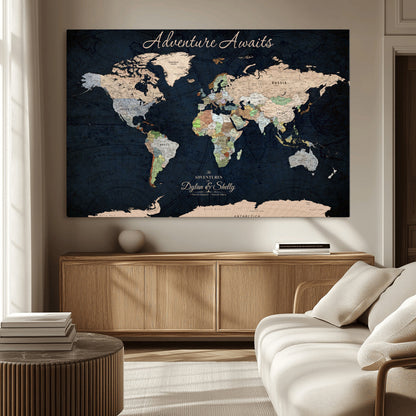 43186793-MGV-CV-30X20-Personalized World Map Print, Customizable Push Pin Framed World Map Print on Canvas - Custom Quote on Map Print