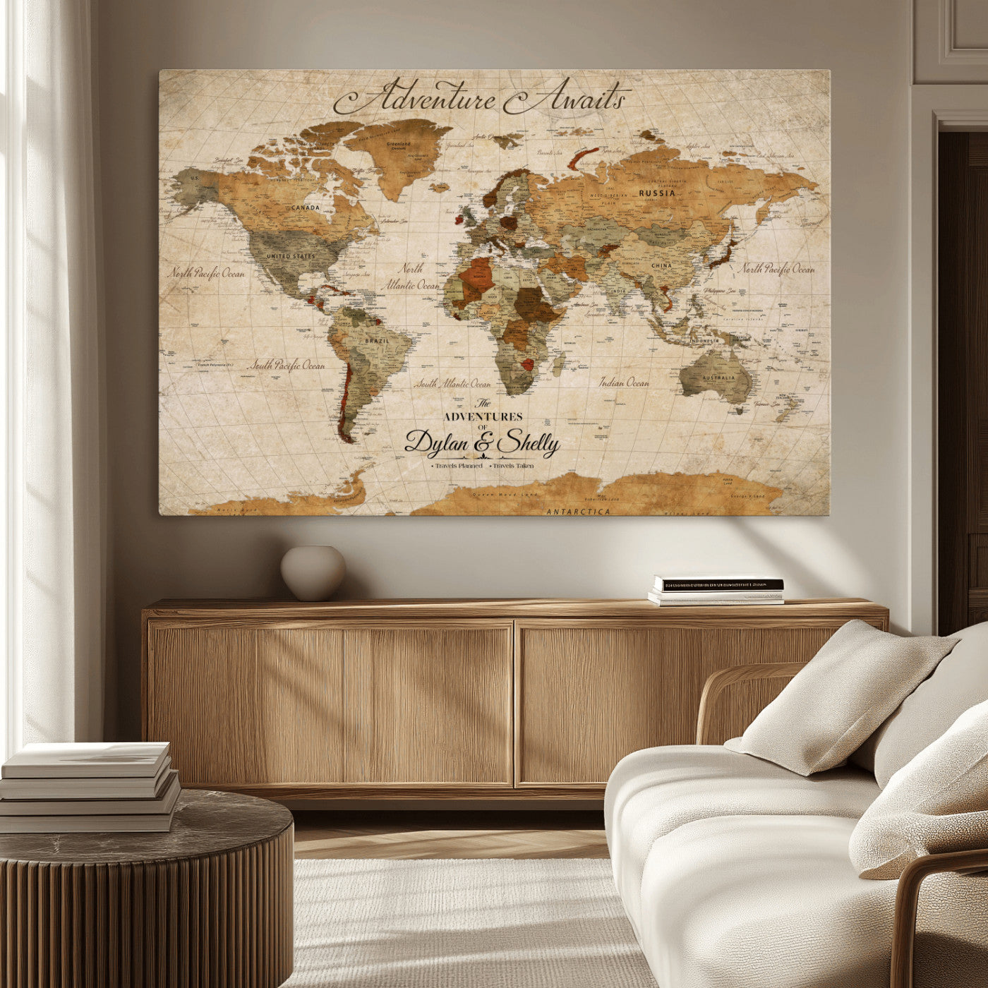 20810820-MGV-CV-30X20-Personalized World Map Print, Customizable Push Pin Framed World Map Print on Canvas - Custom Quote on Map Print