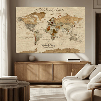 29054239-MGV-CV-36X24-Personalized World Map Print - Customizable Push Pin Framed World Map Print on Canvas - Custom Quote on Map Print