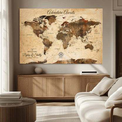 66357947-MGV-CV-36X24-Personalized World Map Print, Customizable Push Pin Framed World Map Print on Canvas - Custom Quote on Map Print