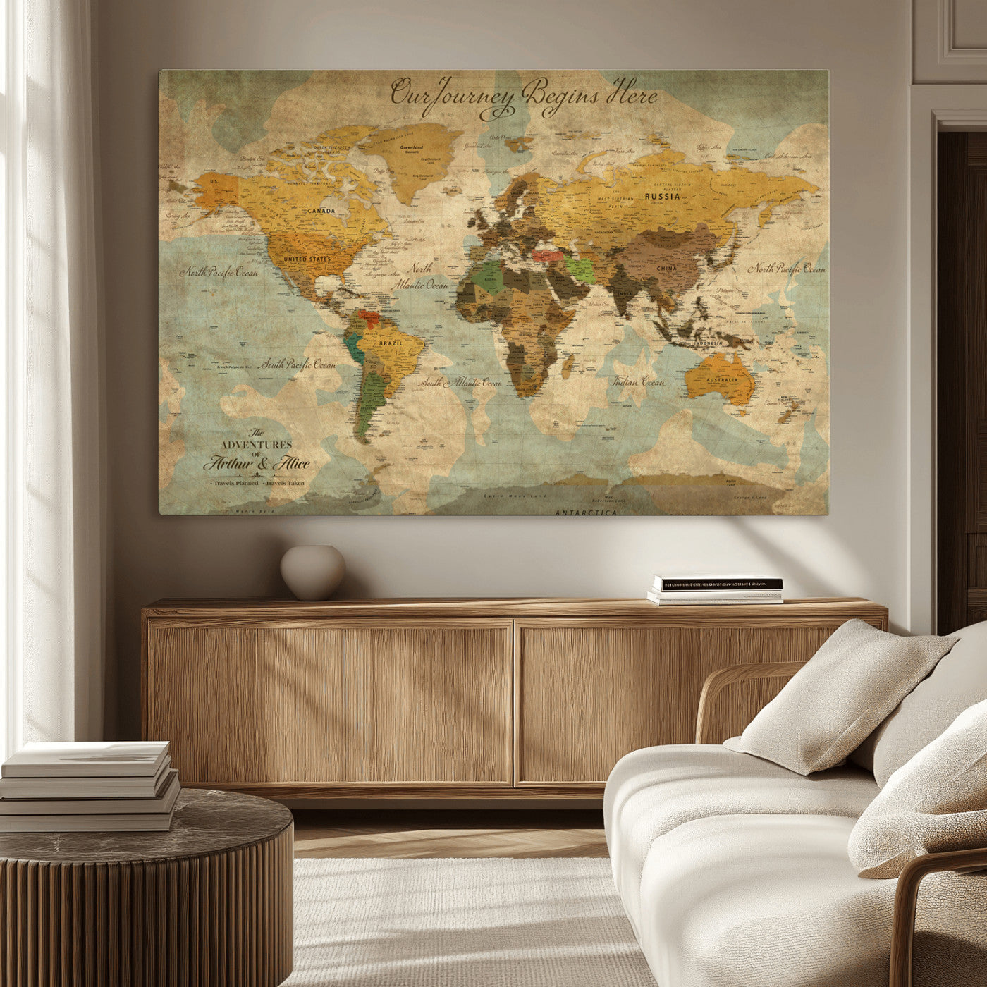 75523223-MGV-CV-36X24-Custom Push Pin World Map Wall Canvas Print – Personalized Travel Tracker with Pins – Framed Custom Quotie Canvas for Home Office