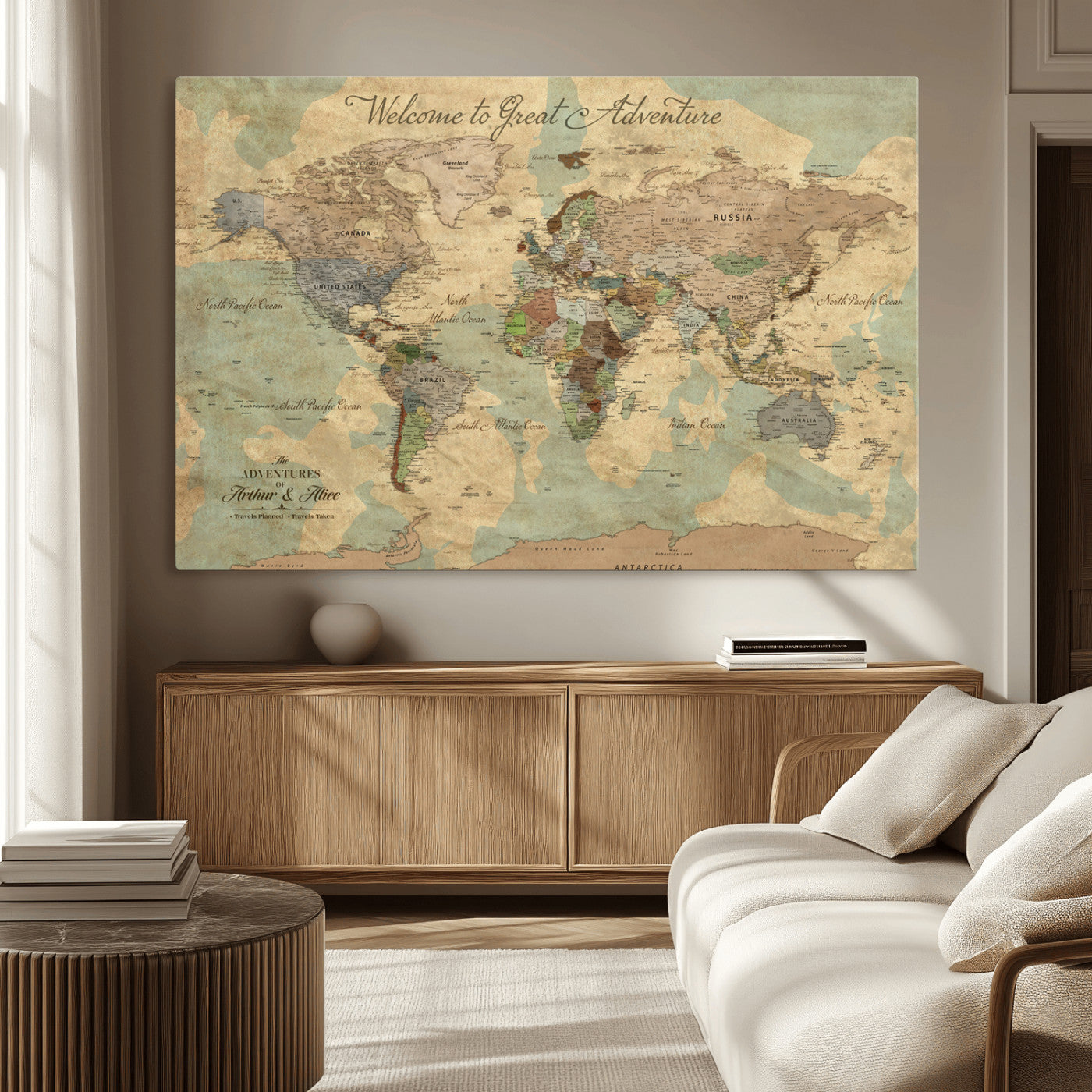 17693651-MGV-CV-36X24-Custom Push Pin World Map Wall Canvas Print – Personalized Travel Tracker with Pins – Framed Custom Quotie Canvas for Home Office Decor Art Print