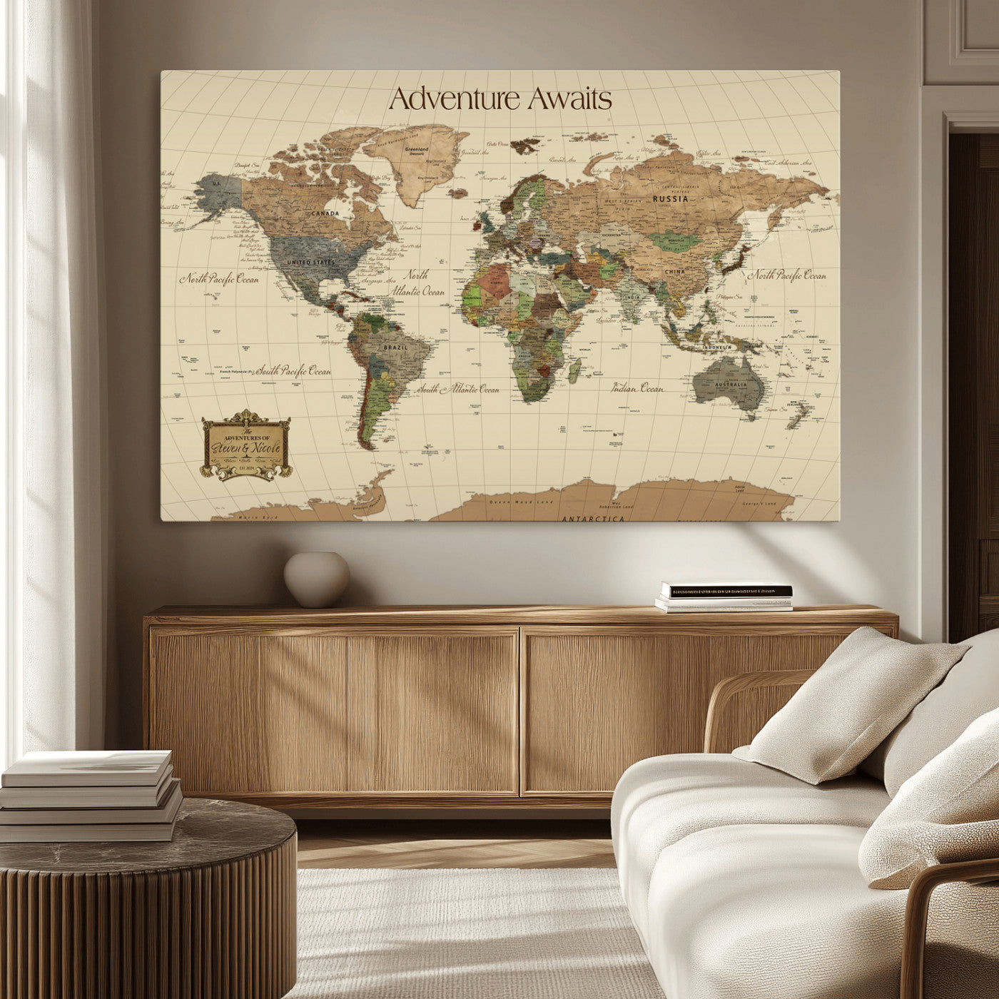 74480507-MGV-CV-36X24-Custom Push Pin World Map Wall Canvas Print – Personalized Travel Tracker with Pins – Framed Custom Quotie Canvas for Home Office Decoration