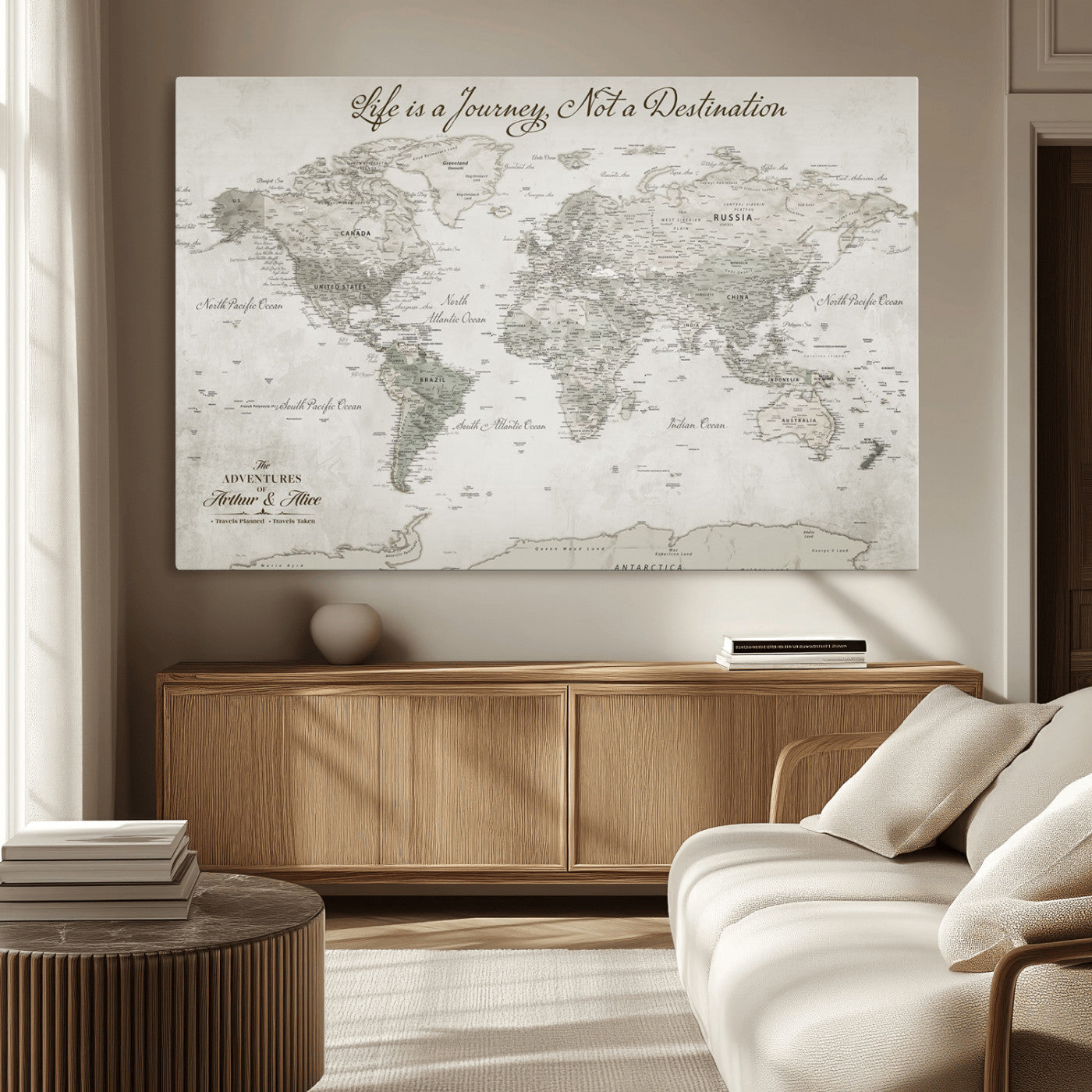 Custom Push Pin World Map Wall Canvas Print – Personalized Travel Tracker with Pins – Framed Custom Quotie Canvas for Home Office Decor