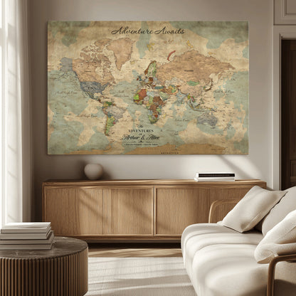 60798273-MGV-CV-30X20-Custom Push Pin World Map Wall Canvas Print – Personalized Travel Tracker with Pins – Framed Custom Quotie Canvas for Home Office Decor