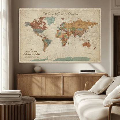 17587858-MGV-CV-36X24-Custom Push Pin World Map Wall Canvas Print – Personalized Travel Tracker with Pins – Framed Custom Quotie Canvas for Home Office Decor