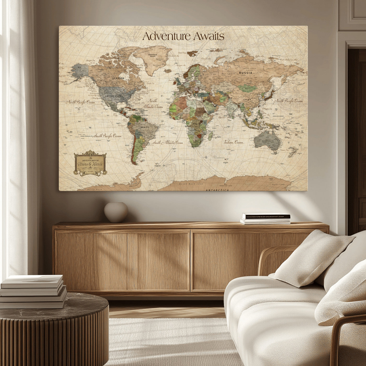33020399-MGV-CV-30X20-Custom Push Pin World Map Wall Canvas Print – Personalized Travel Tracker with Pins – Framed Custom Quotie Canvas for Home Office Decor