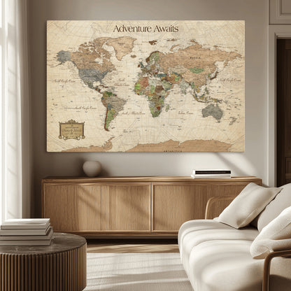 33020399-MGV-CV-30X20-Custom Push Pin World Map Wall Canvas Print – Personalized Travel Tracker with Pins – Framed Custom Quotie Canvas for Home Office Decor