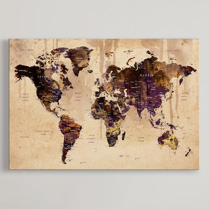 Push Pin World Map Canvas Print – Framed Wall Art for Couples to Track Their Travels – Anniversary Gift or Home Adventure Decor