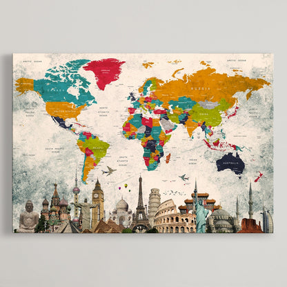 Push Pin World Map Canvas Print – Framed Wall Art for Couples to Track Their Travels – Anniversary Gift or Home Adventure Decor
