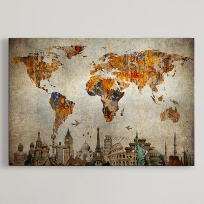 Push Pin World Map Canvas Print – Framed Wall Art for Couples to Track Their Travels – Anniversary Gift or Home Adventure Decor