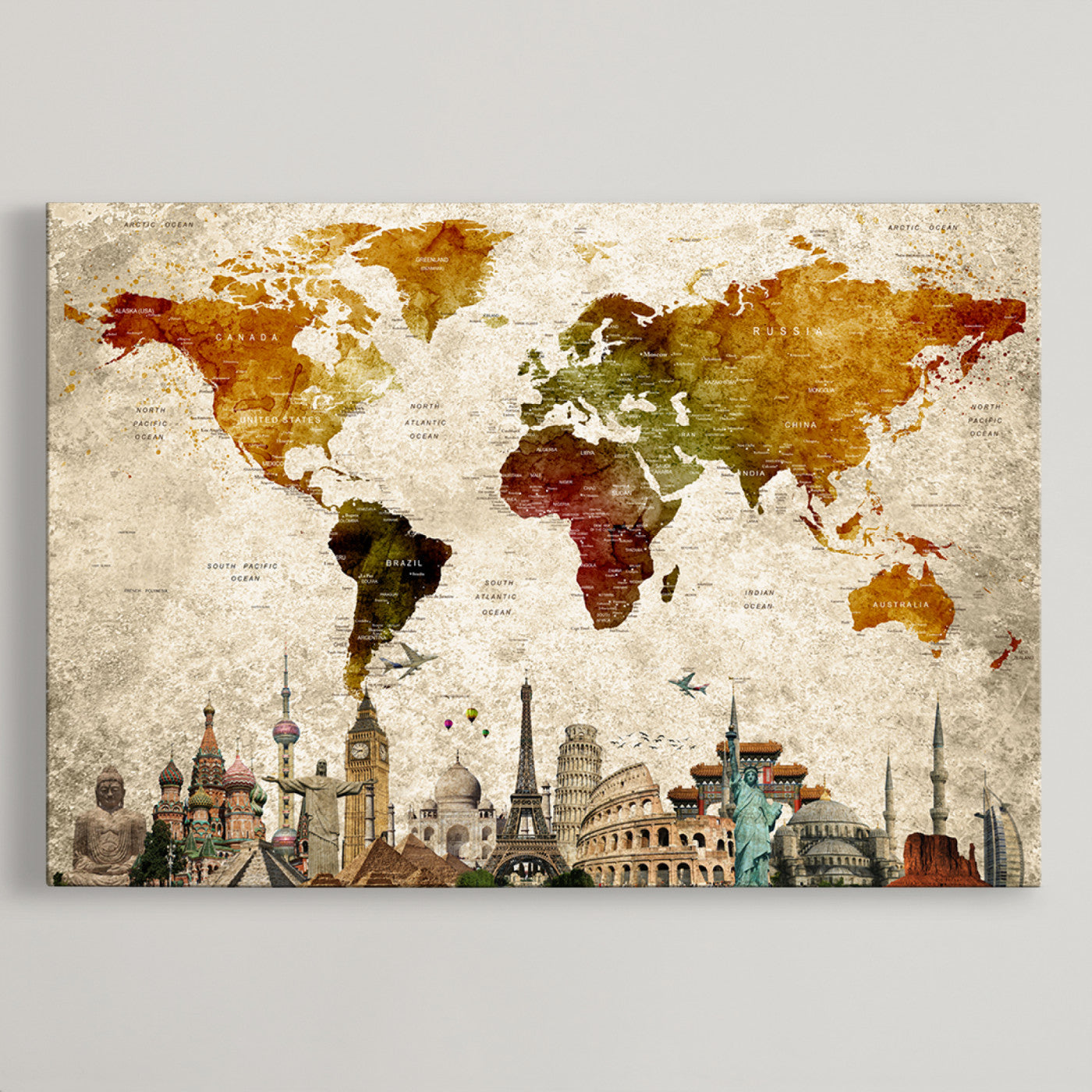 Push Pin World Map Canvas Print – Framed Wall Art for Couples to Track Their Travels – Anniversary Gift or Home Adventure Decor