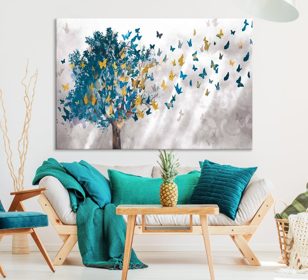 Abstract Gold Blue Butterfly Leaves Blue Tree Canvas Painting Landscape Print