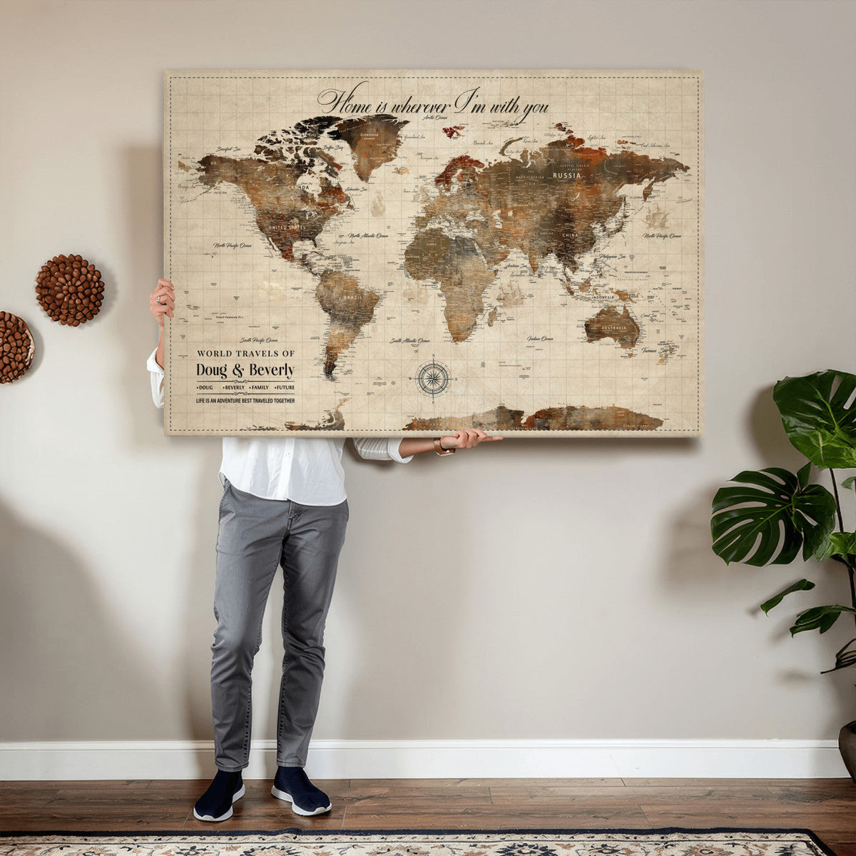 Large Custom Framed Beige Vintage World Travel Map Wall Art with Pins, Couples Countries Visited Map, Living Room and Hallway Decor