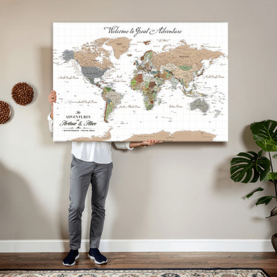 85396539-MGV-CV-36X24 - Custom Beige Push Pin World Map Wall Art, Bucket List Map, Study and Hallway Decor