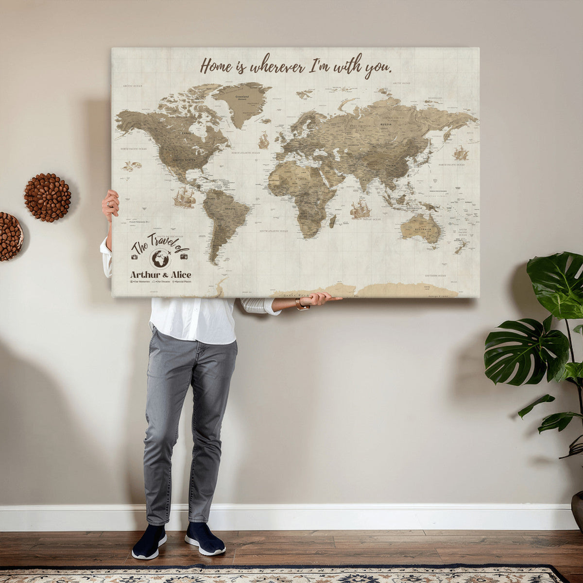 Custom Beige Geometric World Map Canvas with Push Pins, Honeymoon and Anniversary Gift, Dining Room and Hallway Decor