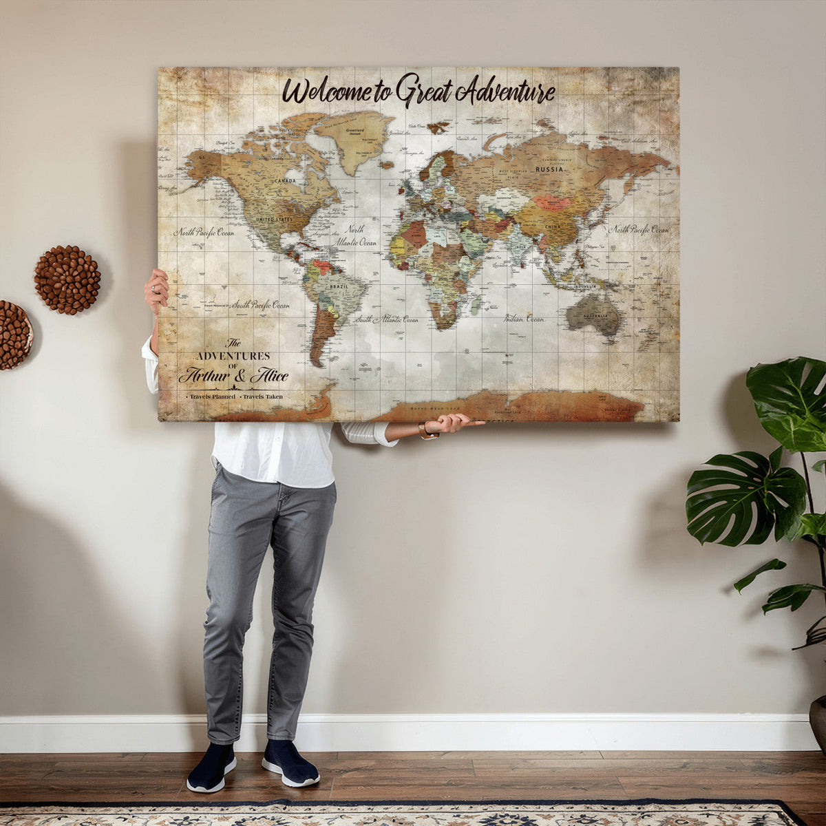Personalized Beige Push Pin World Map Wall Art, Bucket List Map, Living Room and Family Room Decor