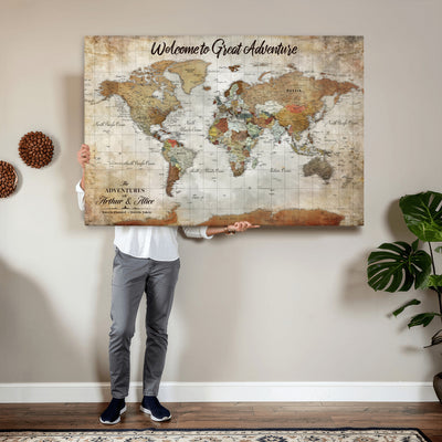 Personalized Beige Push Pin World Map Wall Art, Bucket List Map, Living Room and Family Room Decor