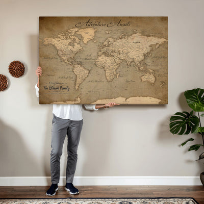 Personalized Framed Beige World Travel Map Wall Art with Pins, Family Travel Tracker, Family Room and Entryway Decor