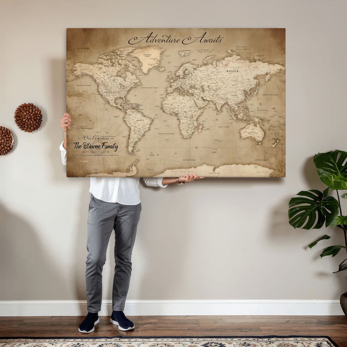 Personalized Black Modern Push Pin World Map Wall Art, Places Visited Tracker, Family Room and Bedroom Decor