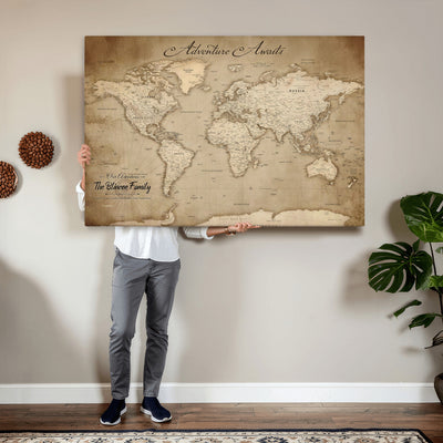 Personalized Black Modern Push Pin World Map Wall Art, Places Visited Tracker, Family Room and Bedroom Decor
