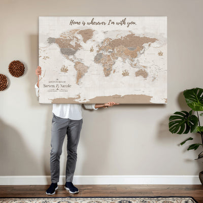 Personalized Push Pin Travel Map Canvas Print, Honeymoon and Anniversary Gift, Family Room and Hallway Decor