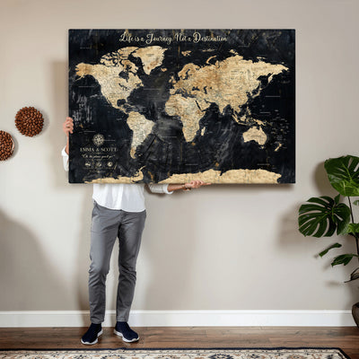 Personalized Framed Navy Modern Push Pin World Map Canvas Print, Couples Countries Visited Map, Family Room and Study Decor