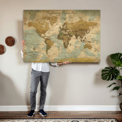 Personalized Navy Push Pin Travel Map Canvas Print, Couples Countries Visited Map, Living Room and Dining Room Decor