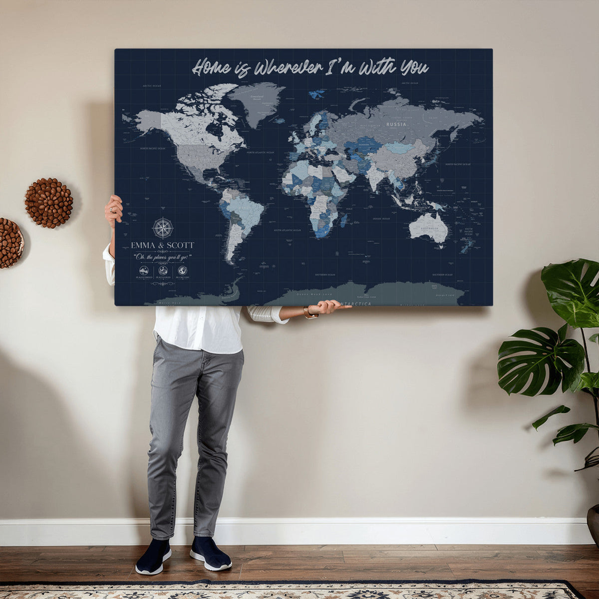 NEWMAP-18-MGV-CV-36X24 - Custom Push Pin World Map Wall Art Canvas Print | Personalized Travel Tracker with Pins Framed Large Print - NEWMAP-18