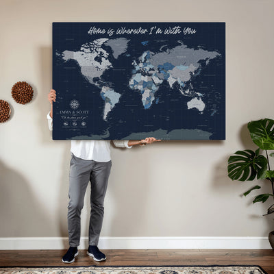 NEWMAP-18-MGV-CV-36X24 - Custom Push Pin World Map Wall Art Canvas Print | Personalized Travel Tracker with Pins Framed Large Print - NEWMAP-18