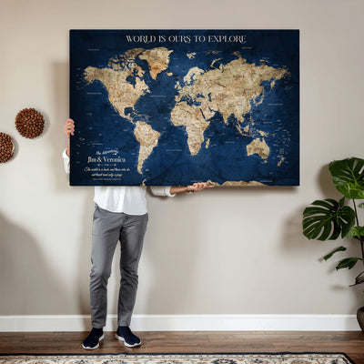 35296308-MGV-CV-36X24 - Custom Push Pin World Map Wall Art Canvas Print | Personalized Travel Tracker with Pins Framed Large for Home and Office Decor