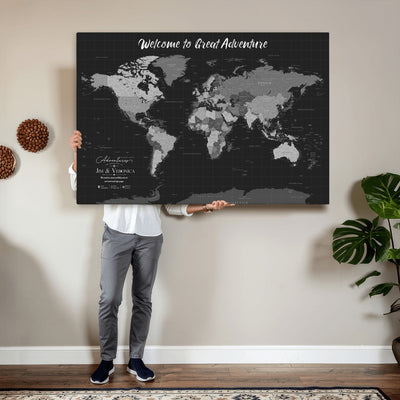 Custom Framed Navy Vintage World Map Canvas with Push Pins, Next Trip Planner Map, Entryway and Hallway Decor